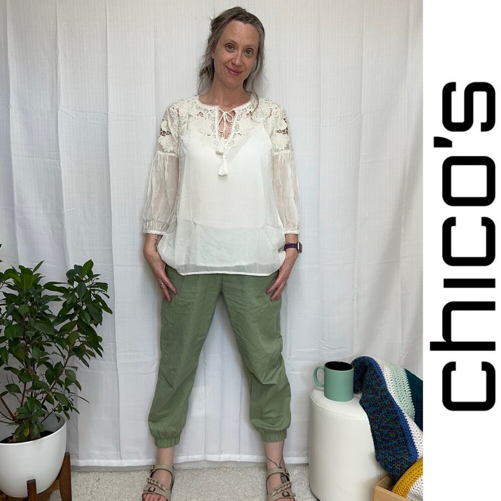 Chico's Embroidered Lace Beaded 2-Piece Blouse White Sheer Romantic Boho 12/14P
